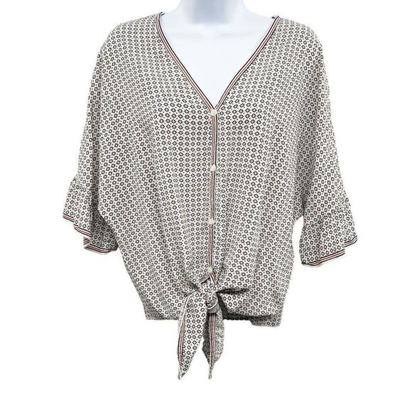 Max Studio Tie Front Button Front V Neck Loose Blouse Printed Pattern Top - Picture 1 of 6